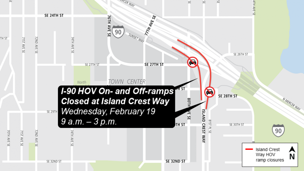 Map of Island Crest Way westbound I-90 HOV on-ramp and the eastbound I-90 HOV off-ramp closures.