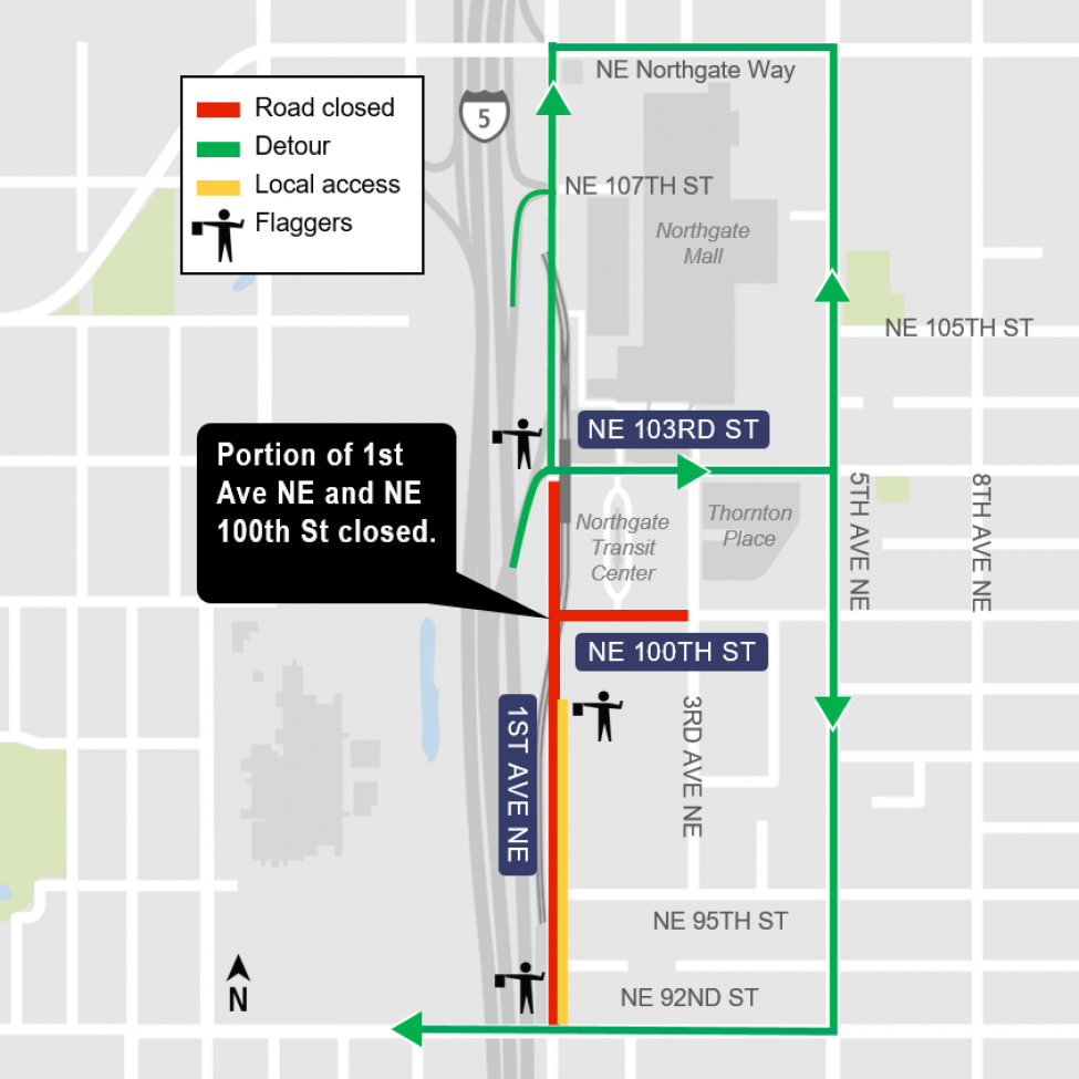 Map of partial closures of 1st Avenue Northeast and Northeast 100th Street.