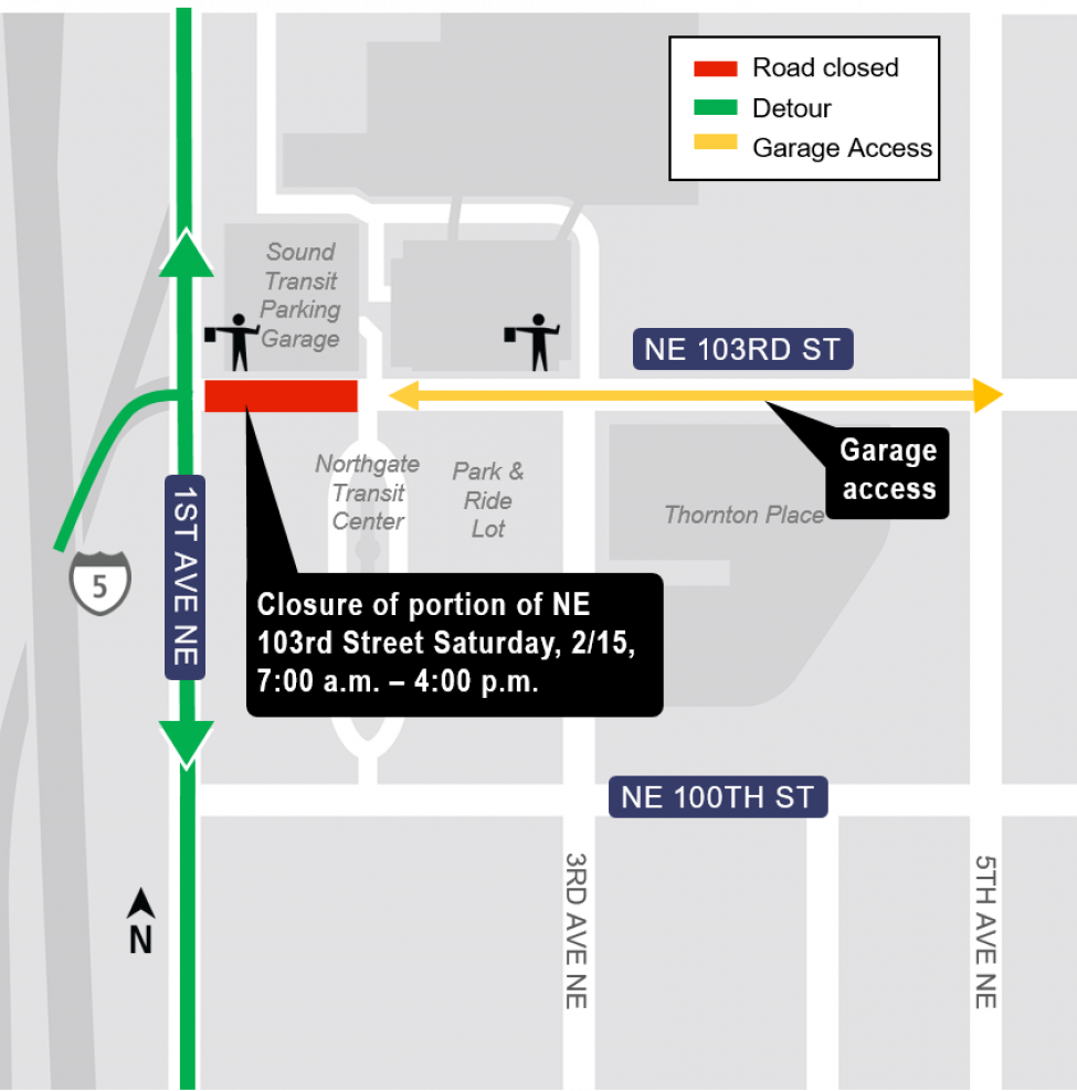 Map of closure of Northeast 103rd Street between 1st Avenue Northeast to the bus entrance of the Northgate Transit Center.