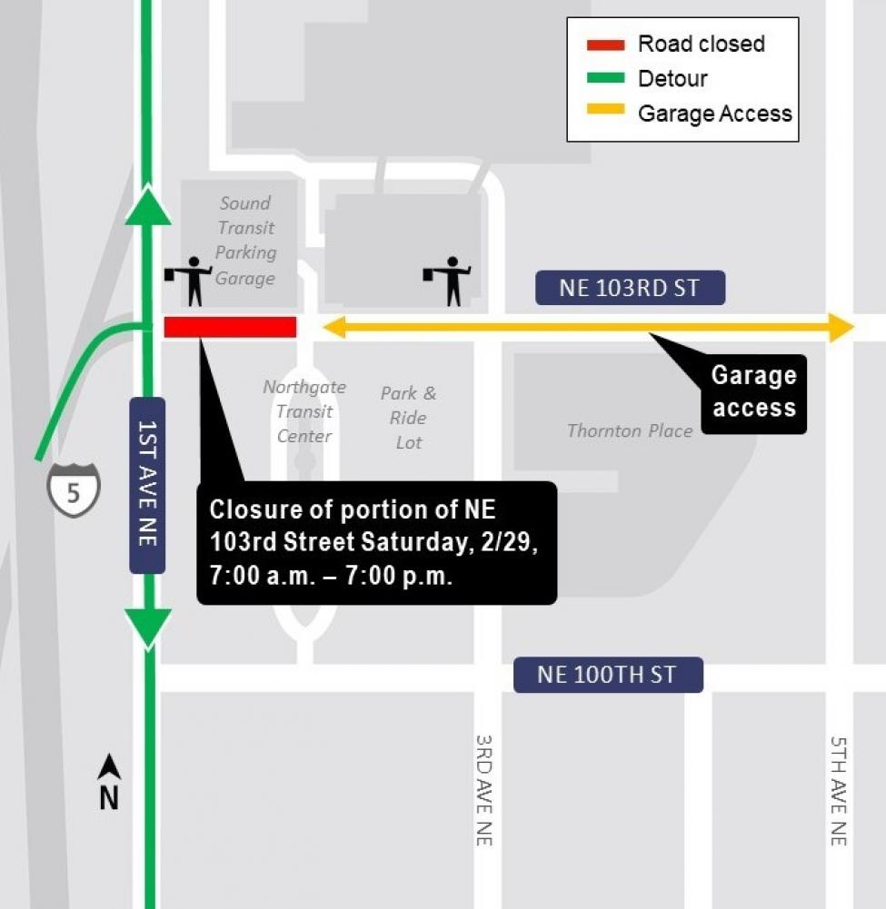 Map showing closure of portion of Northeast 103rd Street at the Northgate Transit Center.
