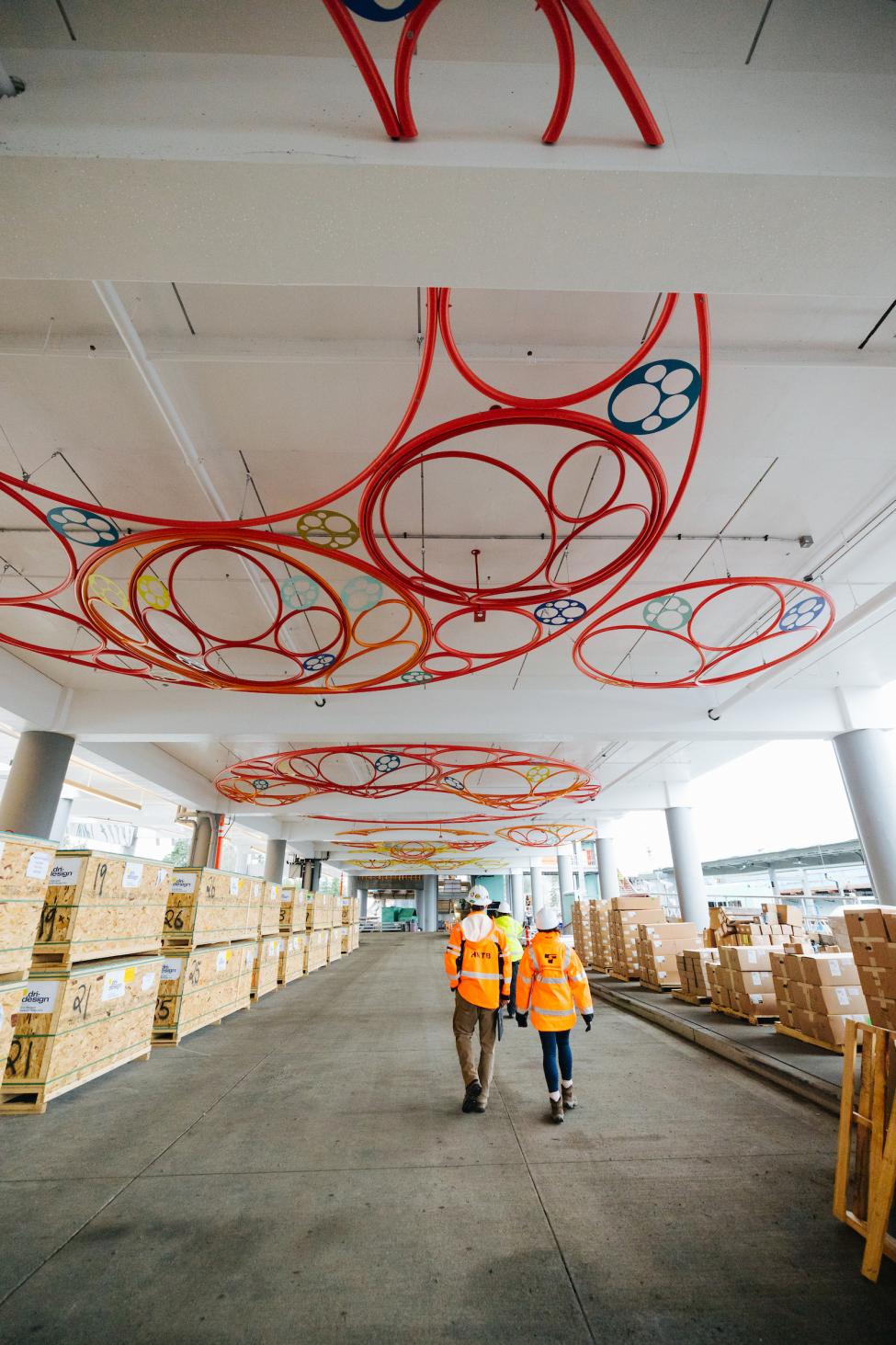 Colorful art was installed on the ceiling of the parking garage at the future Redmond Technology Station.