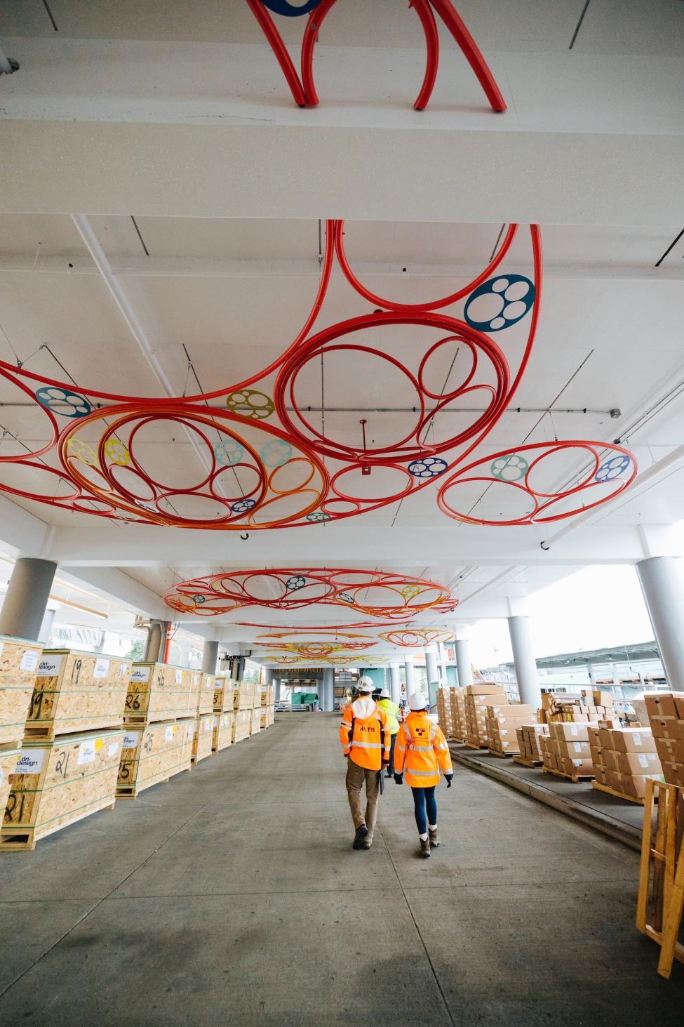 Colorful art was installed on the ceiling of the parking garage at the future Redmond Technology Station.