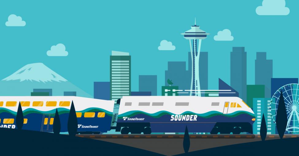 Illustration showing Sounder train in Seattle.