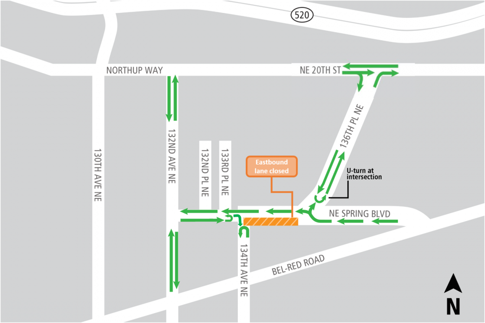 Westbound NE Spring Blvd closure map