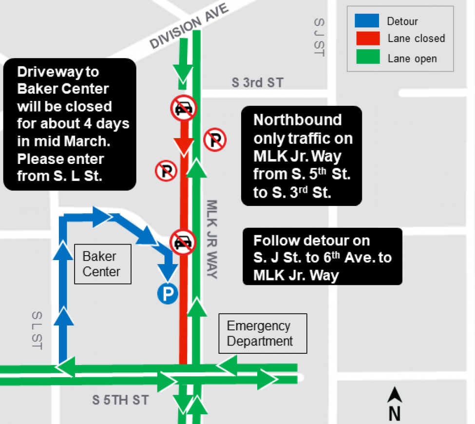 Map of construction along Martin Luther King Jr. Way from 3rd to 5th streets.