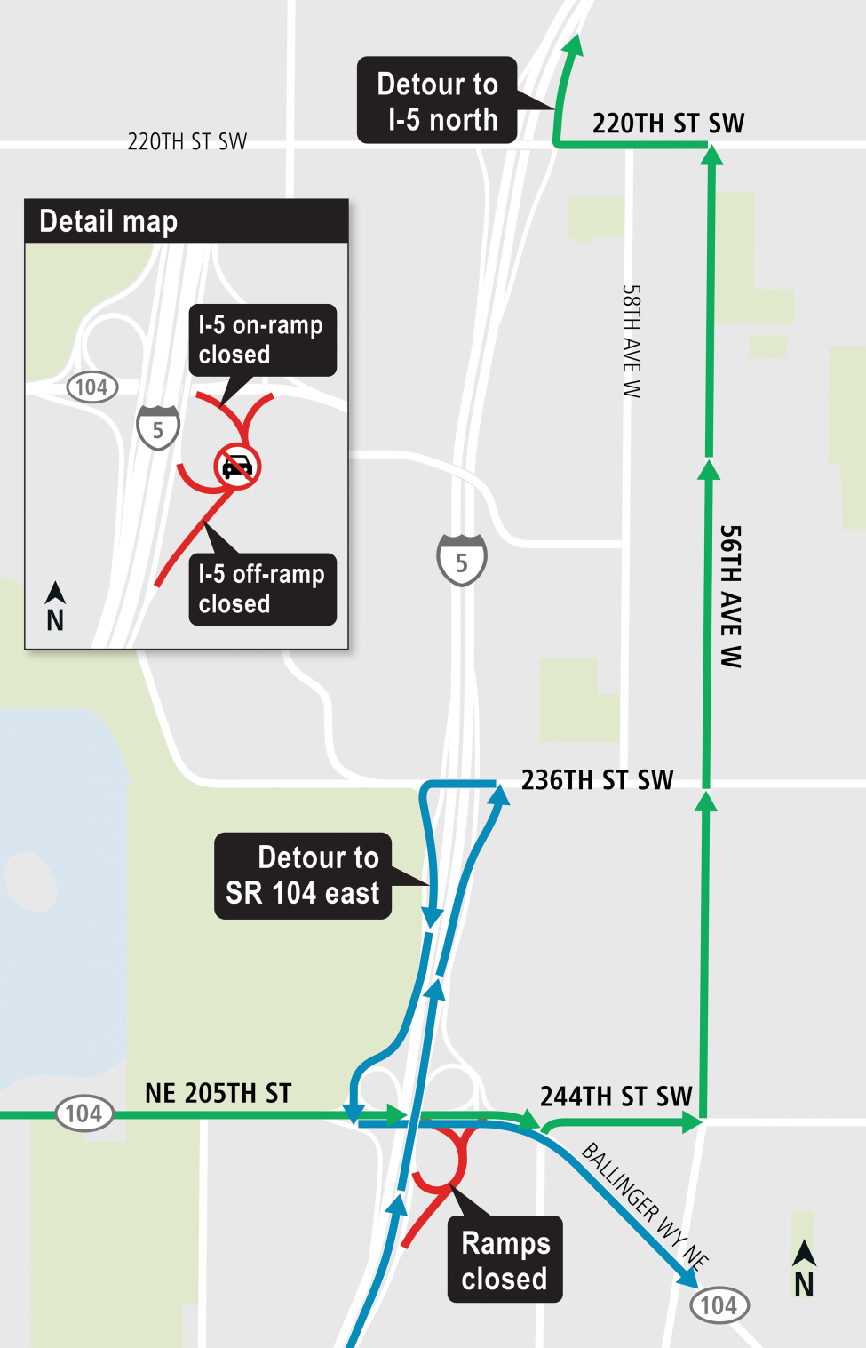 Map of Interstate 5 ramp closures and detours near the future Mountlake Terrace Station.