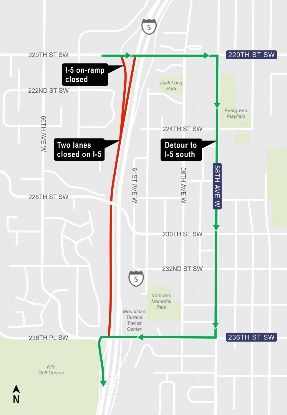 Map of southbound Interstate 5 lane closures between 220th and 236th streets southwest.