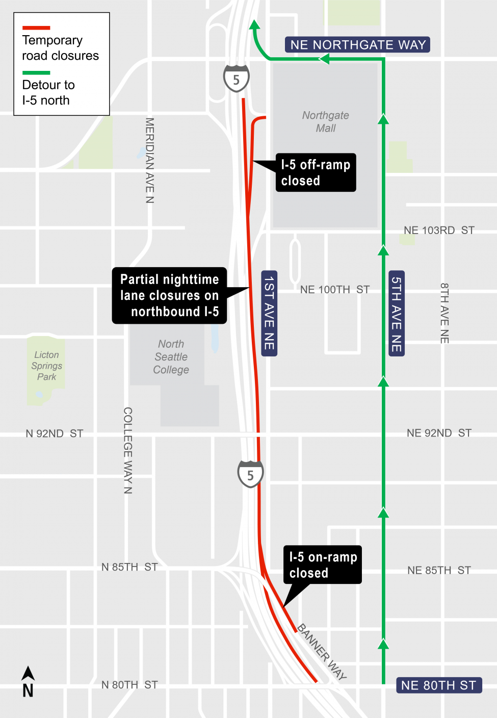 Map showing weekend night closures of northbound Interstate 5 lanes.