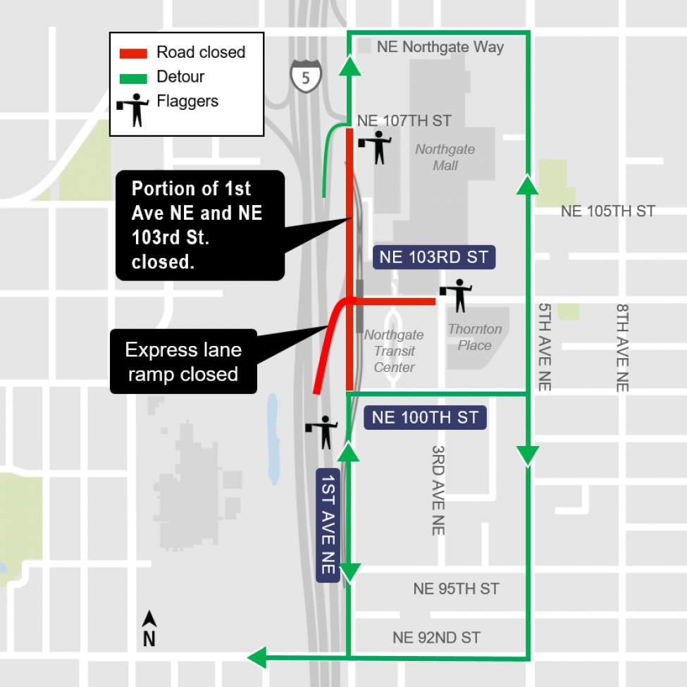 Map of road and express lane ramp closure by Northgate Transit Center.