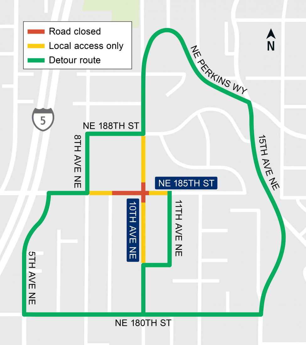 Map of road closures and detours at Northeast 185th Street and 10th Avenue Northeast.