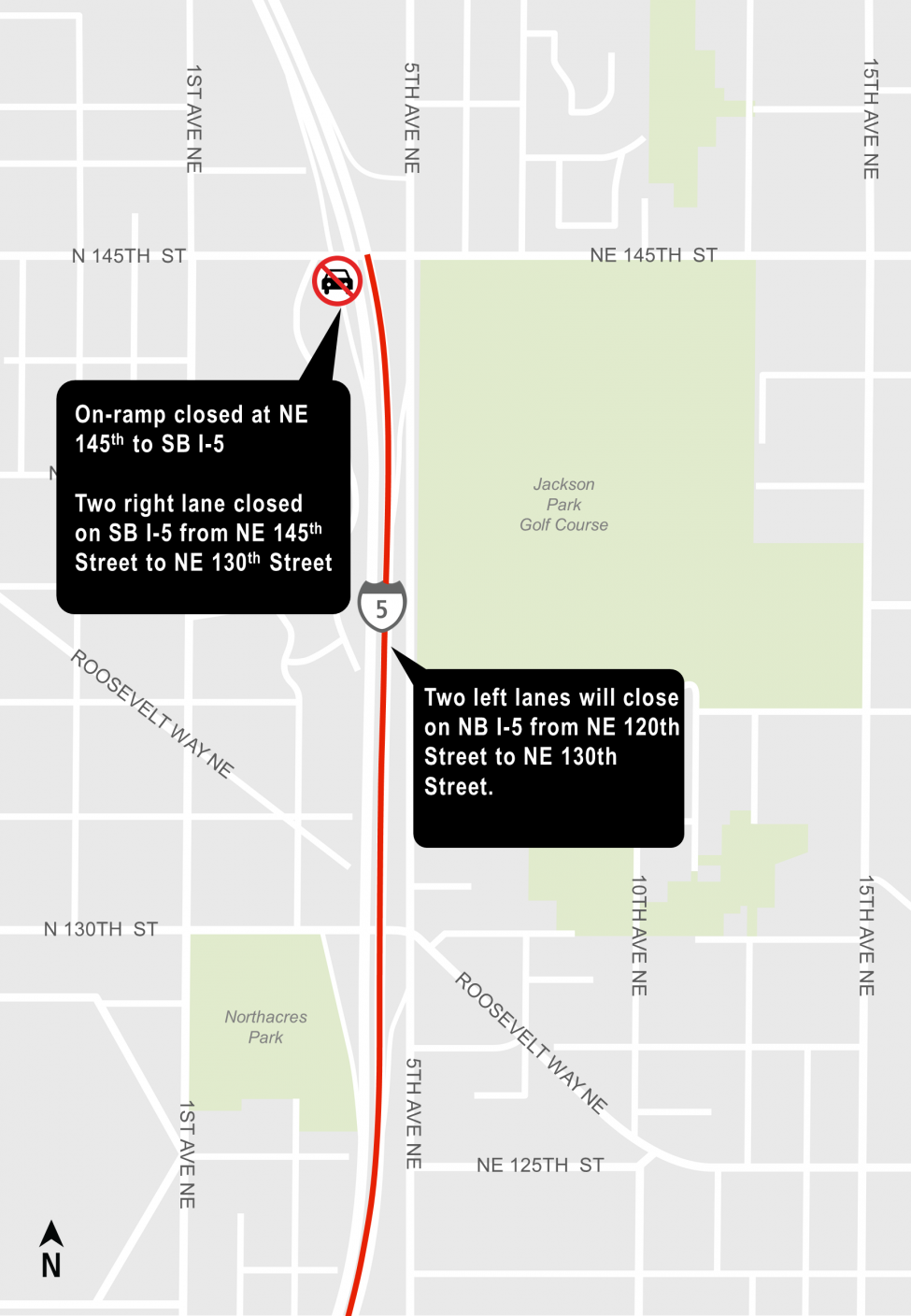 Map of lane closures on Interstate 5 near Northeast 145th Street.