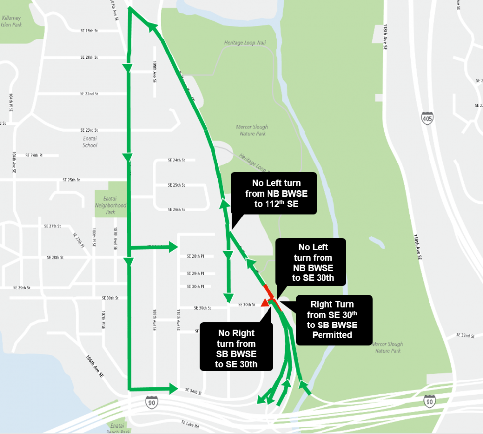 Map of partial closure of Southeast 30th Street to Bellevue Way Southeast with detours.