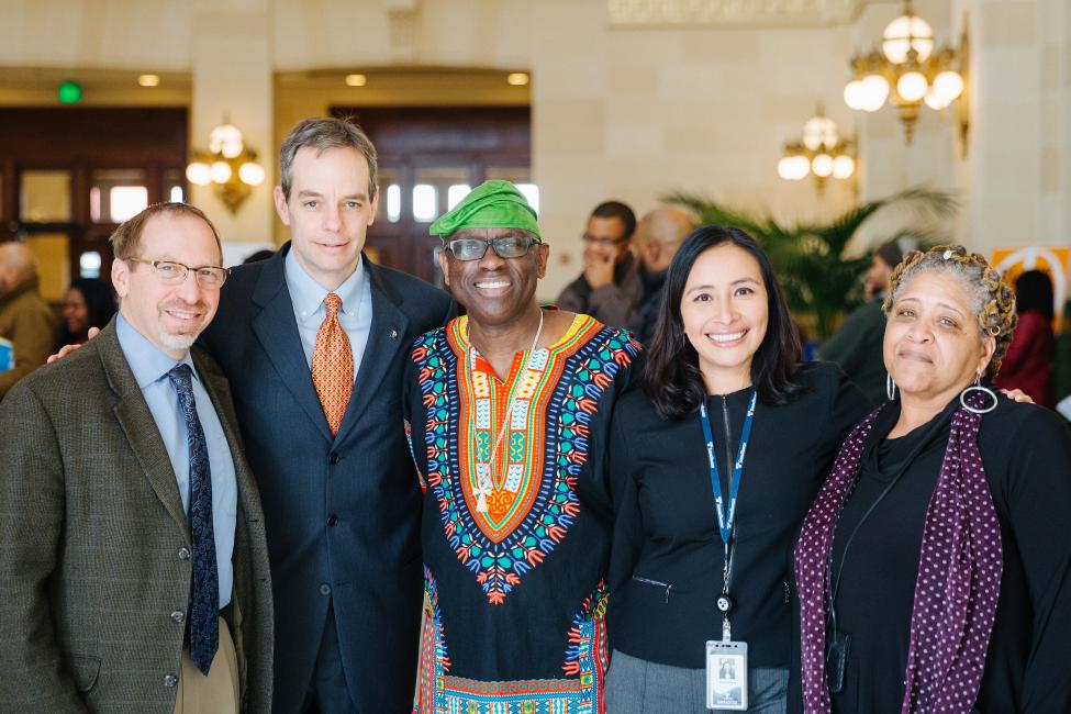 Sound Transit CEO Peter Rogoff, left, King County Metro GM Rob Gannon, Museum creator Delbert Richardson, Jackie Martinez-Vasquez, Director, Office of Equal Employment Opportunity, Equity and Inclusion and Anita Whitfield, King County Metro’s Diversity and Inclusion Manager pose for a photo during an event for the African American history museum “Unspoken Truths,”