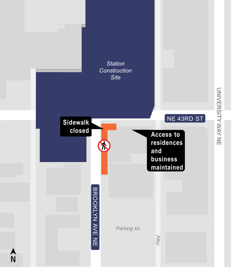 Map showing temporary sidewalk closures on Northeast 43rd Street and Brooklyn Avenue Northeast.