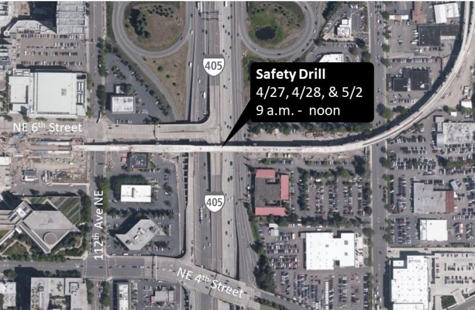 Map illustrating location of safety drill on light rail bridge over I-405 in downtown Bellevue.
