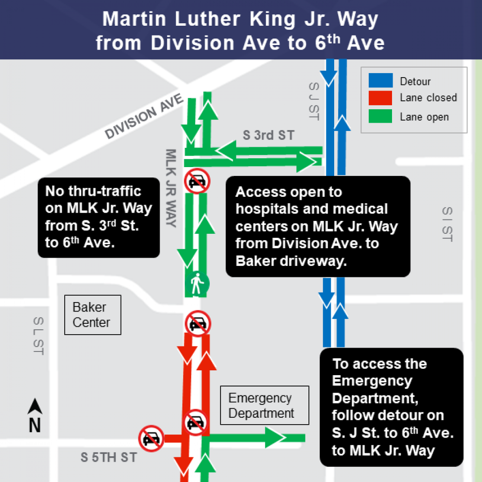 Map illustrating construction work along MLK Jr Way from the Baker Center driveway to 6th Avenue.