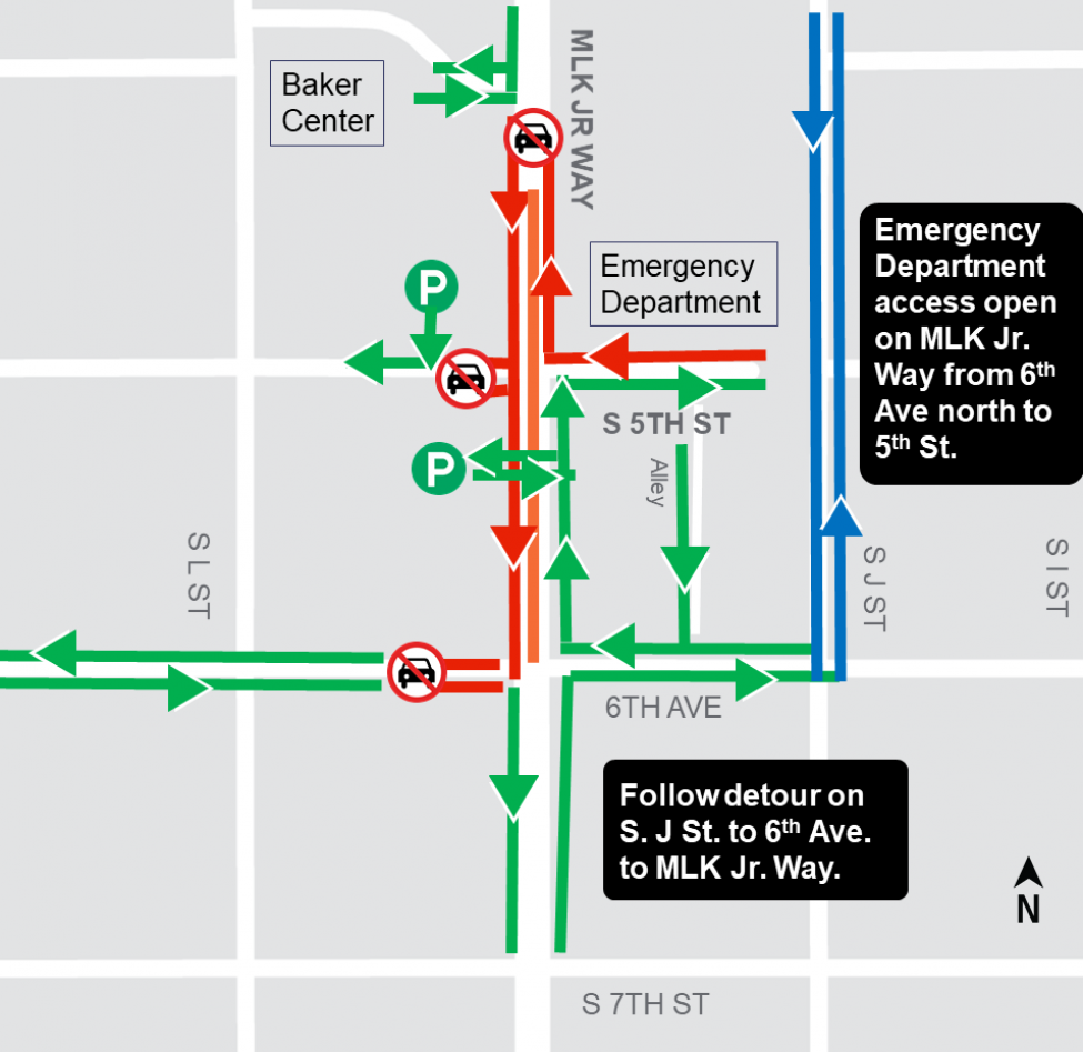 Map illustrating construction work along MLK Jr Way at the intersection of MLK Jr Way and South 5th Street.
