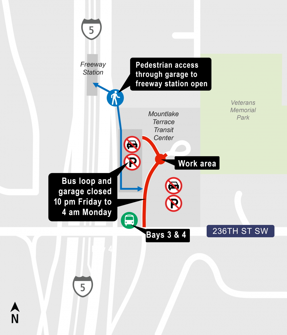 Map of bus loop and garage closures at Mountlake Terrace Transit Center.