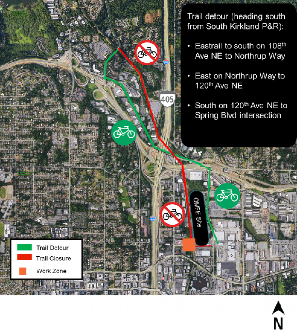 Map showing Eastrail trail closure in Bellevue.