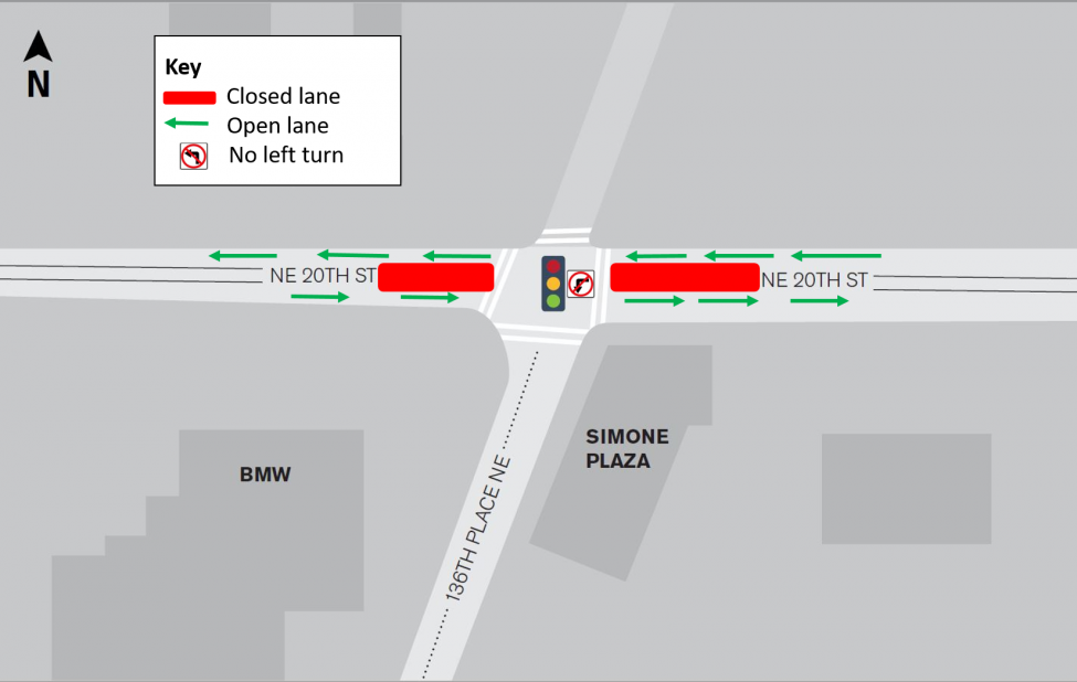 Map of Northeast 20th Street center lane closures.