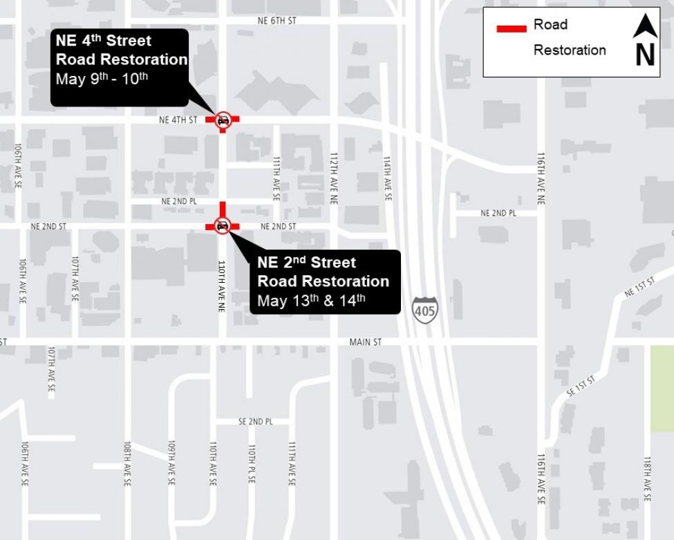 Map showing road restorations along 110th Avenue Northeast at Northeast 4th Street and Northeast 2nd Street in Bellevue.