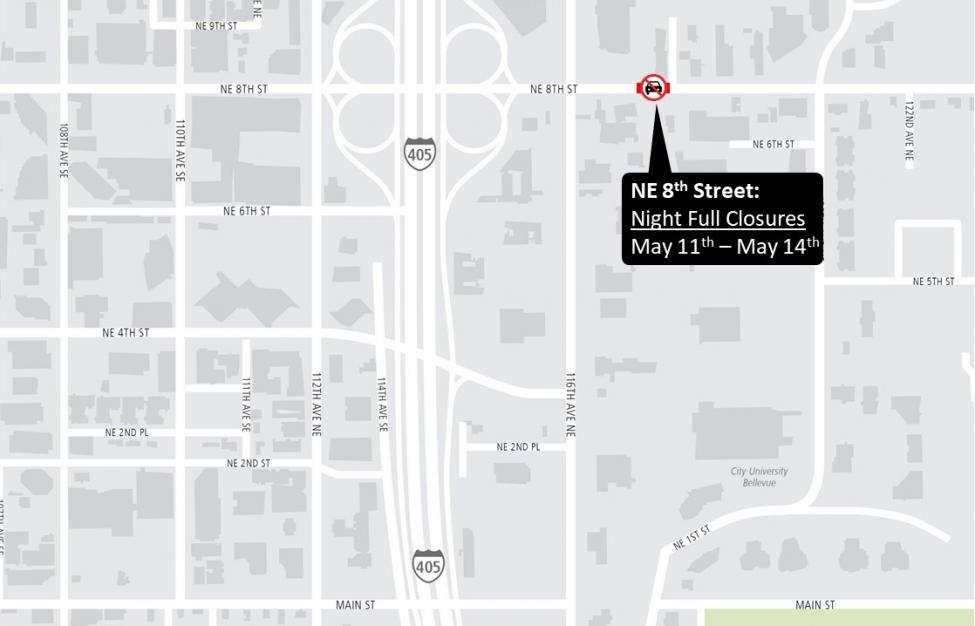 Map of Northeast 8th Street nightly closures in Bellevue.