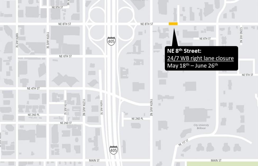 Map showing location of daily lane closures on Northeast 8th Street.