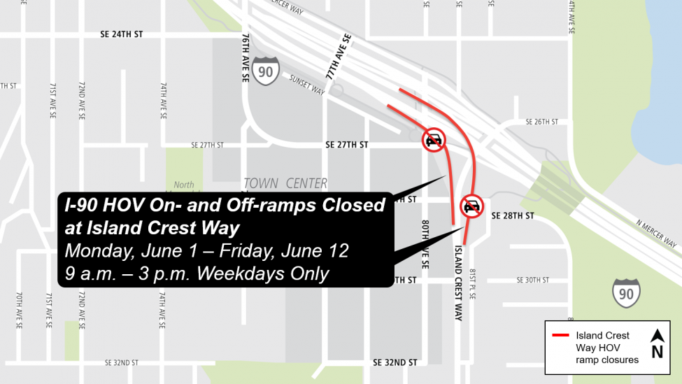 Map showing eastbound and westbound HOV off-ramps closures from Interstate 90 to Island Crest Way.