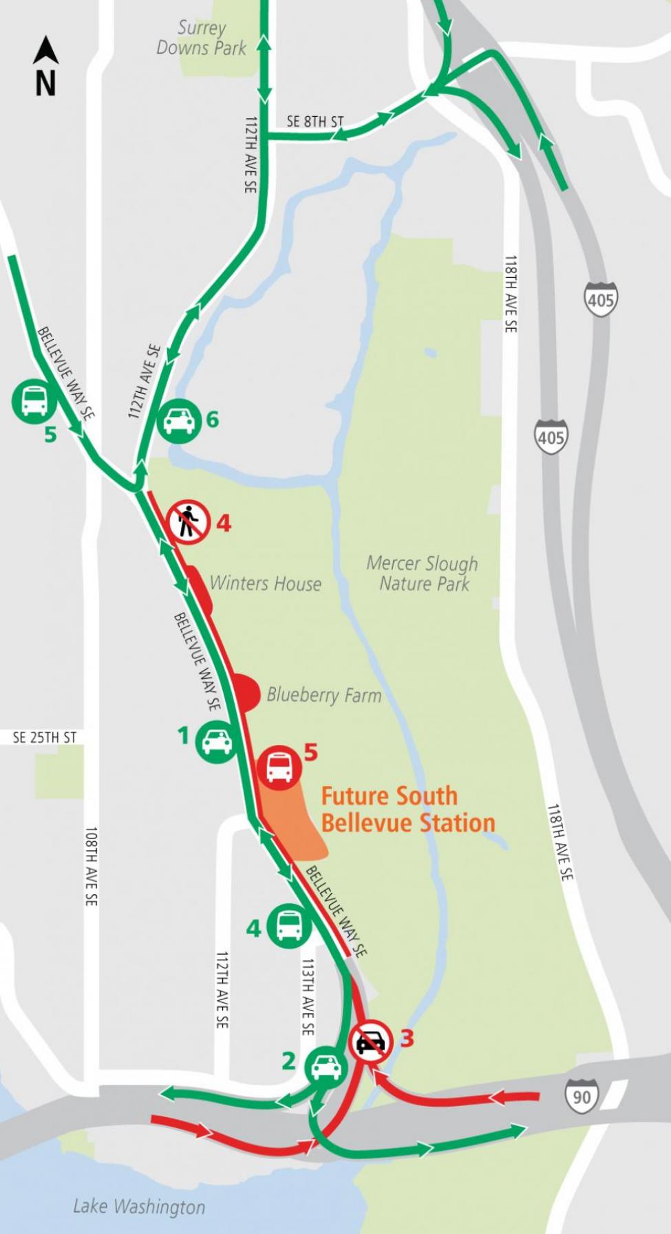 Map showing weeknight closures of Interstate 90 to Bellevue Way Southeast and detours.