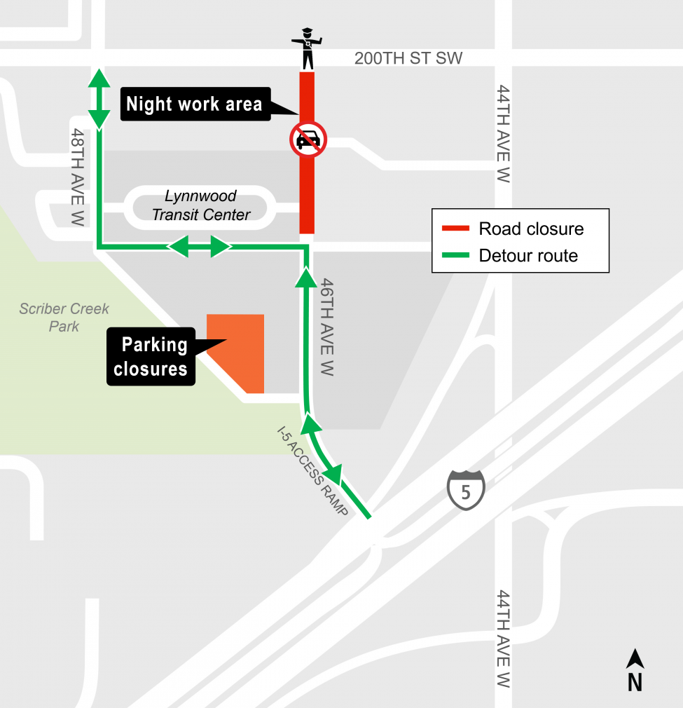 Map showing closure for intersection of 200th Street Southwest and 46th Avenue West in Lynnwood.