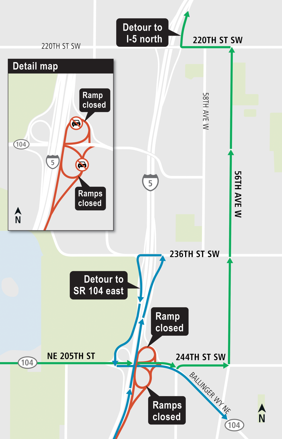 Map of State Route 104 on and off ramp closures to northbound Interstate 5.