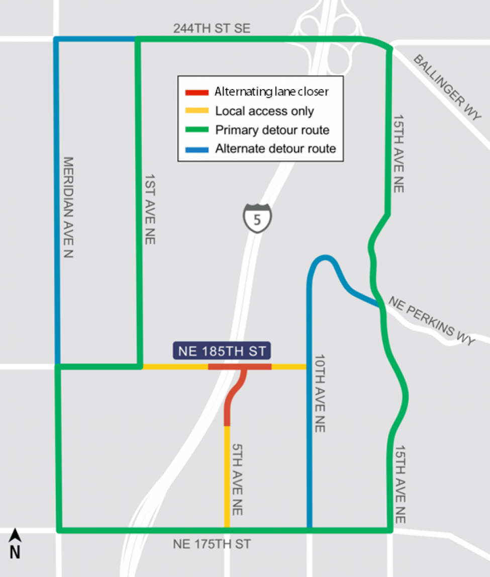 Map of traffic impacts and detours at Northeast 185th Street and 5th Avenue Northeast.
