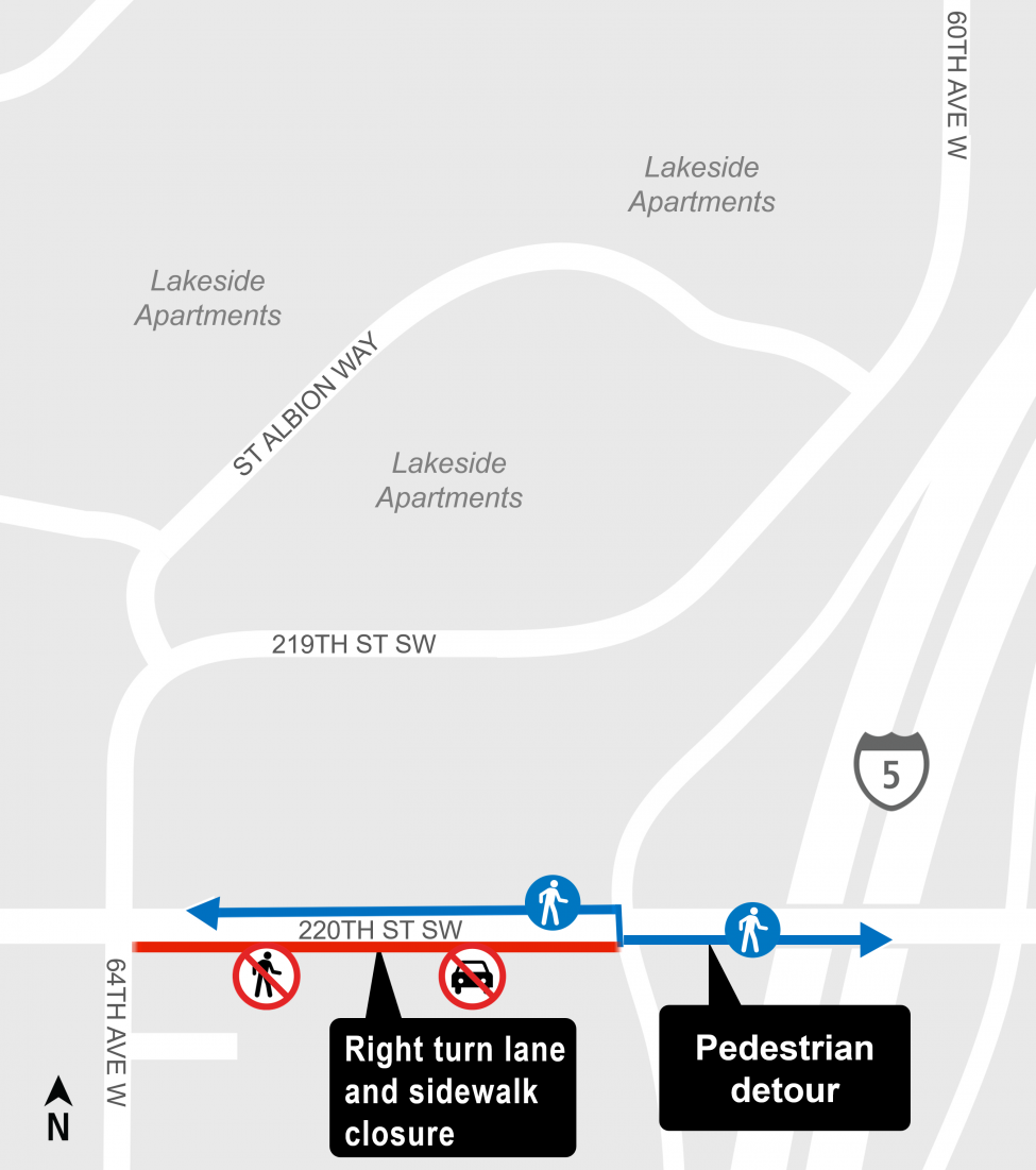 Map showing right turn lane and sidewalk closure along 220th Street Southwest.