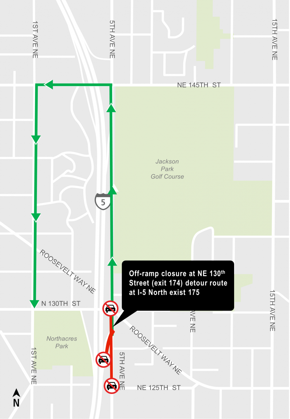 Map showing Interstate 5 exit 174 off-ramp closure and detour via exit 175.