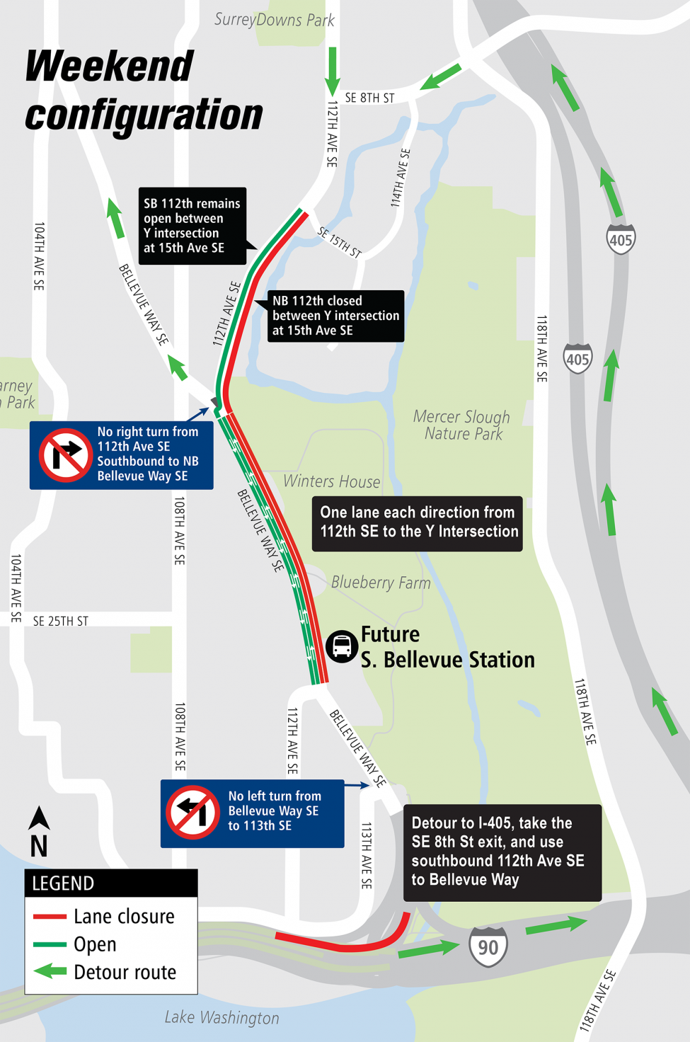 Map of lane restrictions and closures on Bellevue Way Southeast and 112th Avenue Southeast.