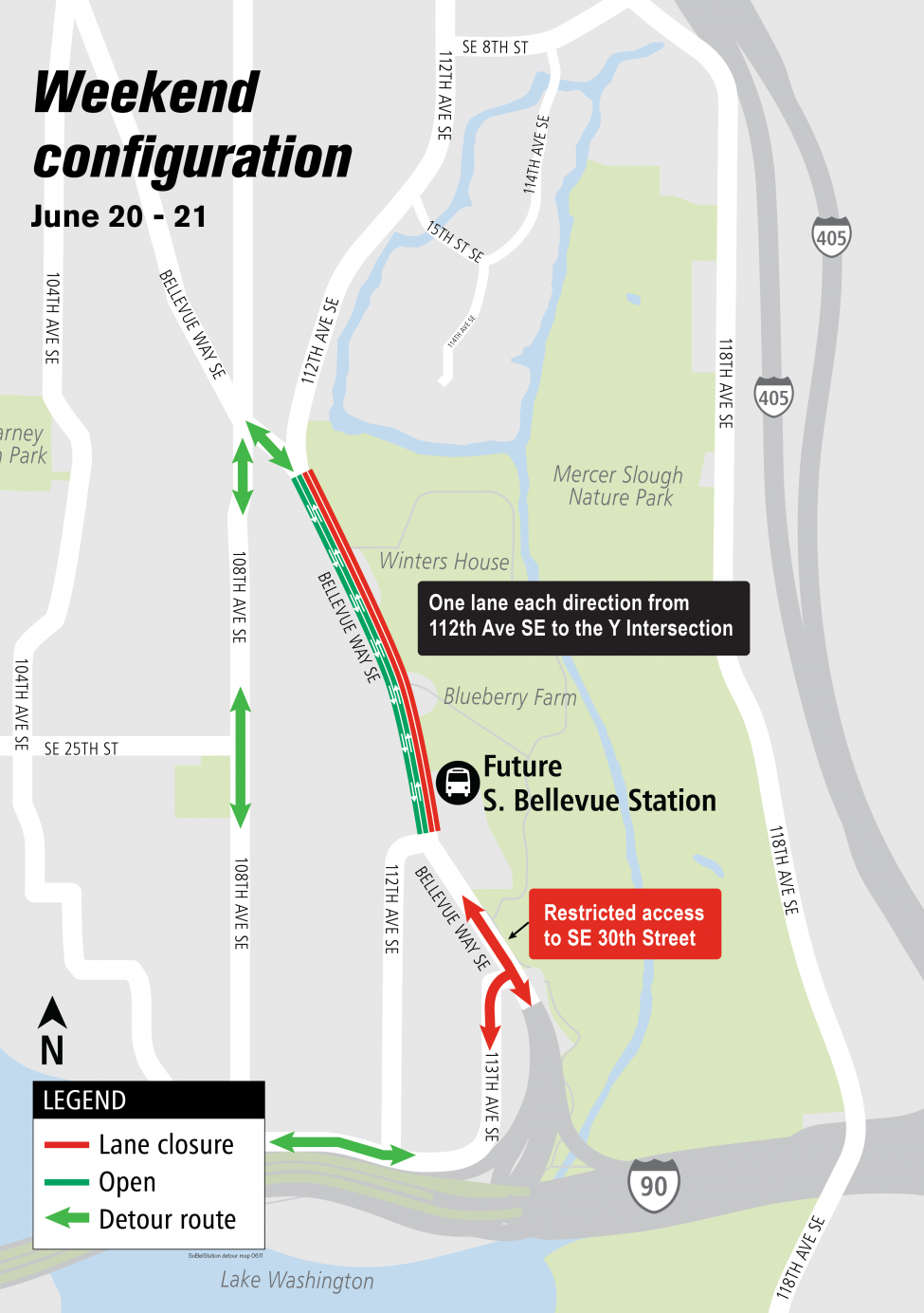 Map of weekend traffic configuration of Bellevue Way Southeast the weekend of June 20-21.