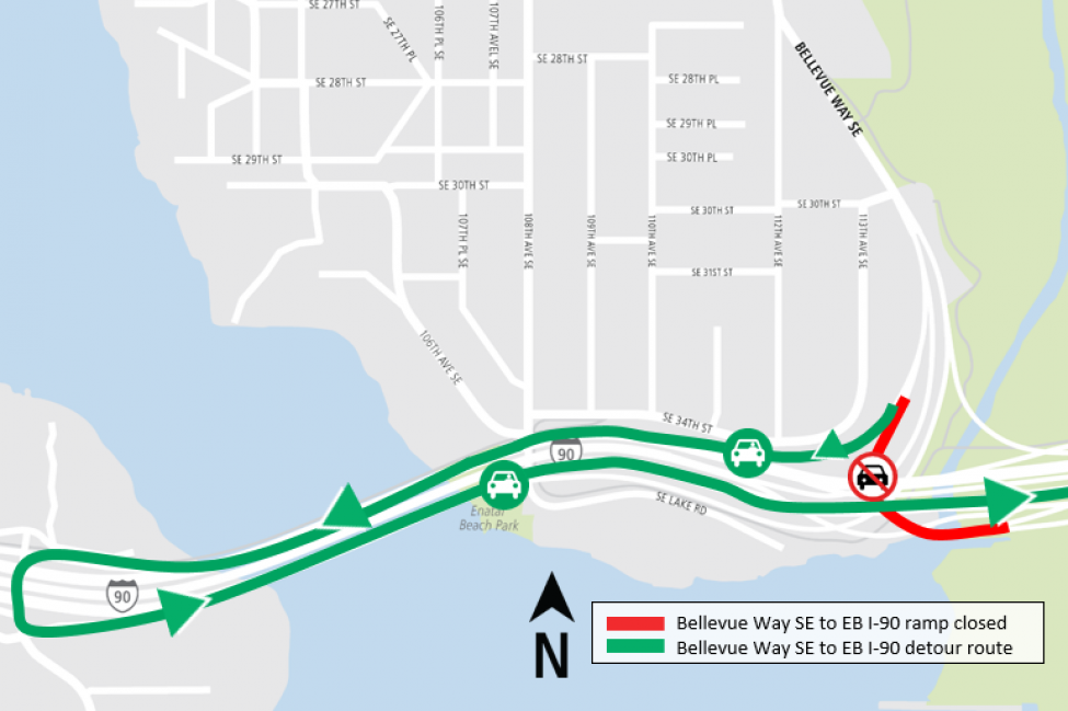 Map of on-ramp closures for southbound Bellevue Way Southeast to eastbound Interstate 90.