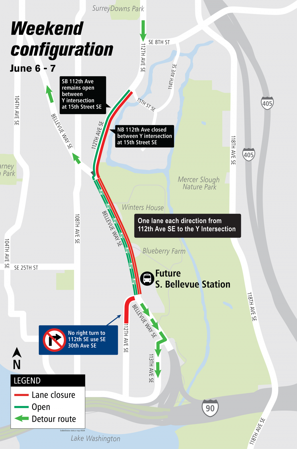 Map showing lane restrictions between the Y intersection at Bellevue Way Southeast and 112th Avenue Southeast south to Interstate 90.