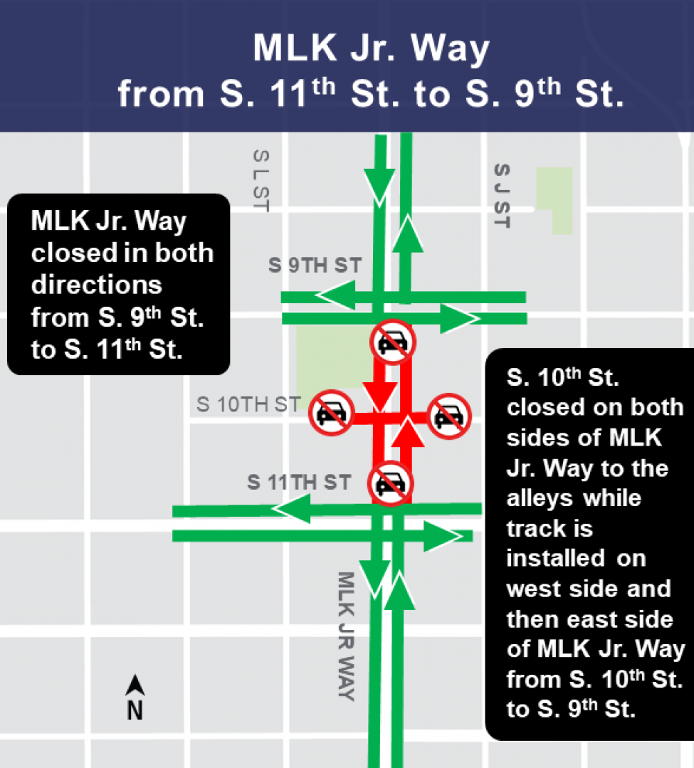 Map of track installation on Martin Luther King Jr. Drive between South 9th Street to South 11th Street in Tacoma.