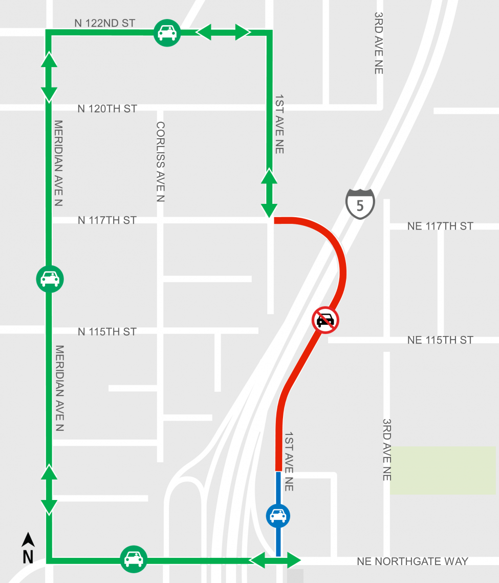 Map showing street closures and detours for light rail construction.