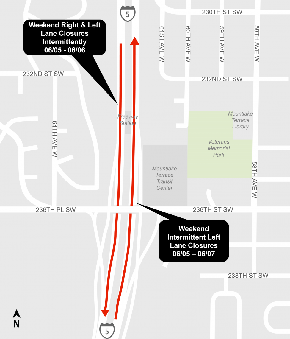 Map of Interstate 5 lane closures between 228th Street Southwest and 236th Place Southwest.