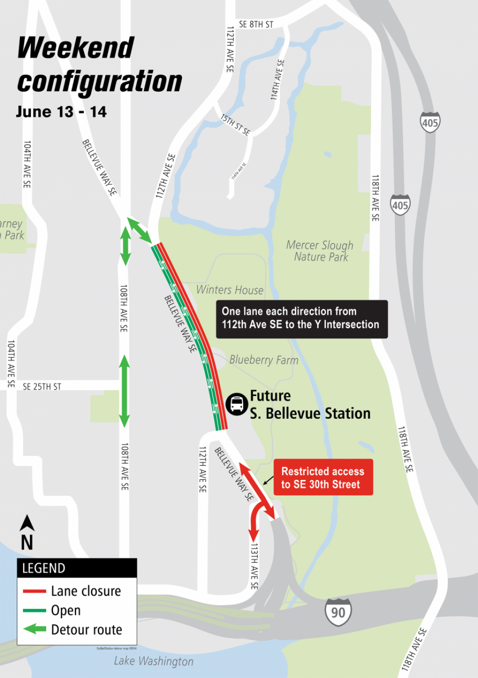 Map of lane restrictions on Bellevue Way Southeast between 112th Avenue Southeast to the Y intersection.