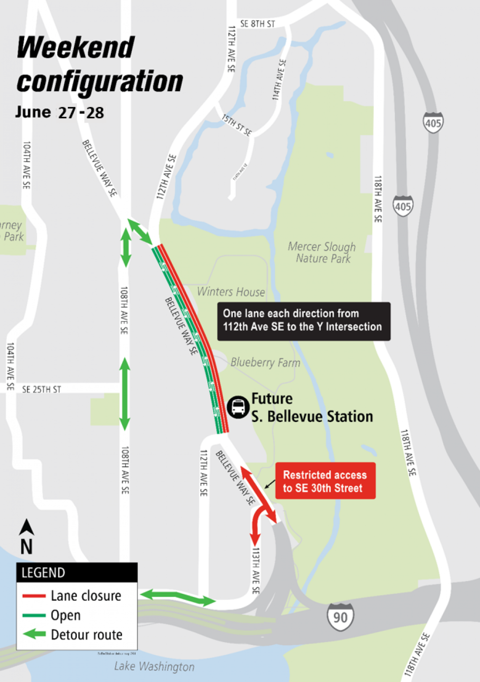 Map of Southeast 30th Street lane restrictions in Bellevue.