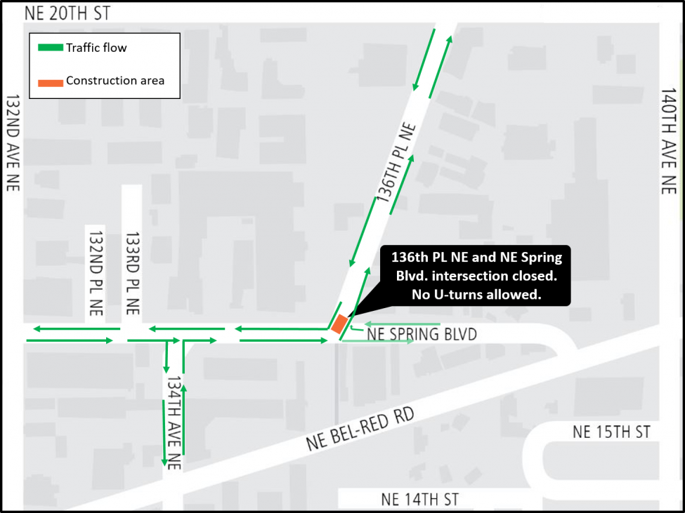 Map of 136th Place Northeast and Spring Boulevard intersection closure in the BelRed neighborhood.