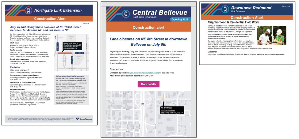 Examples of print and digital construction alerts.