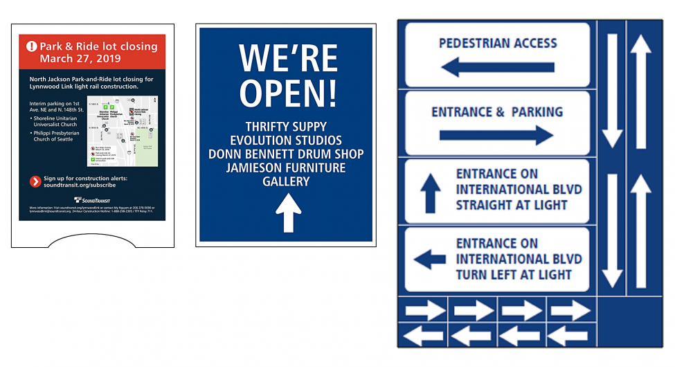 Examples of print signage for construction work wayfinding.