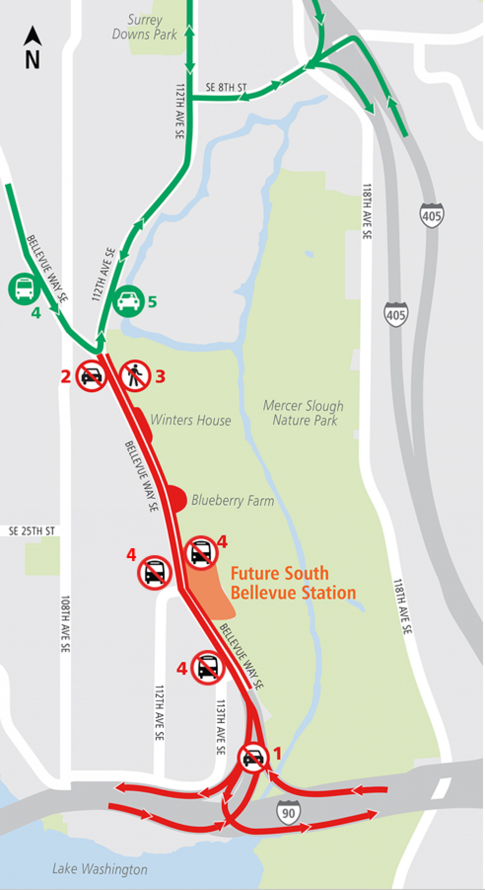 Construction map of Bellevue Way SE Full Closure 