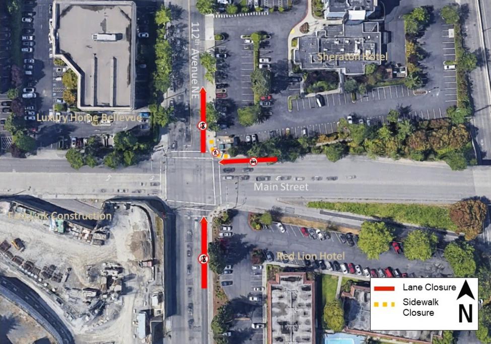 Map of lane closures at the intersection of 112th Avenue Northeast and Main Street.