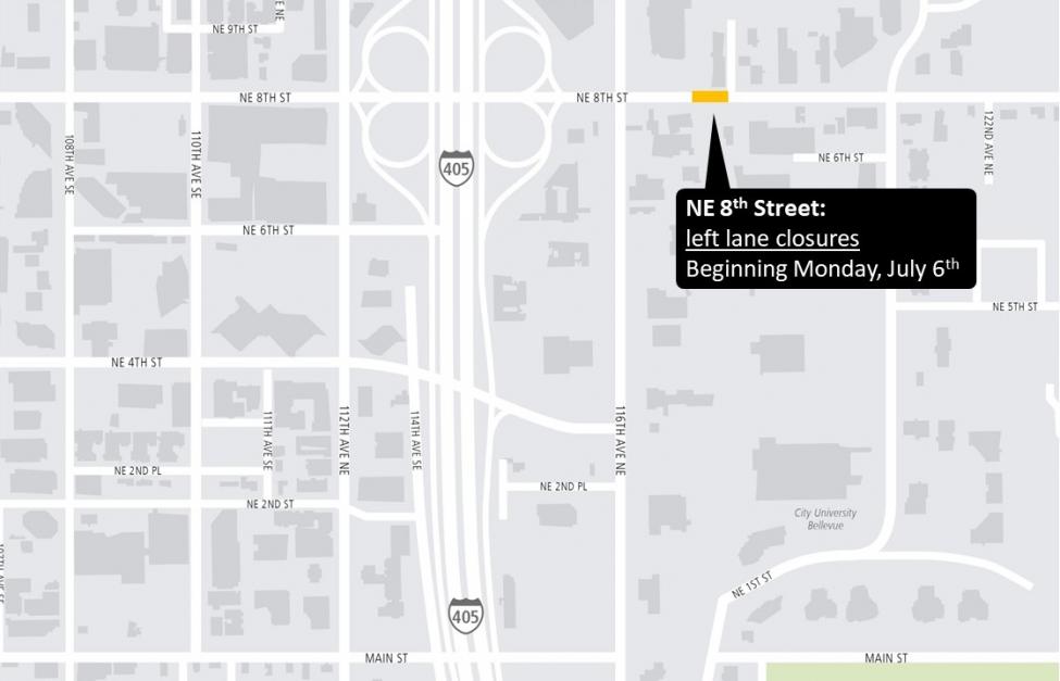 Map of middle lane closure on Northeast 8th Street in downtown Bellevue.