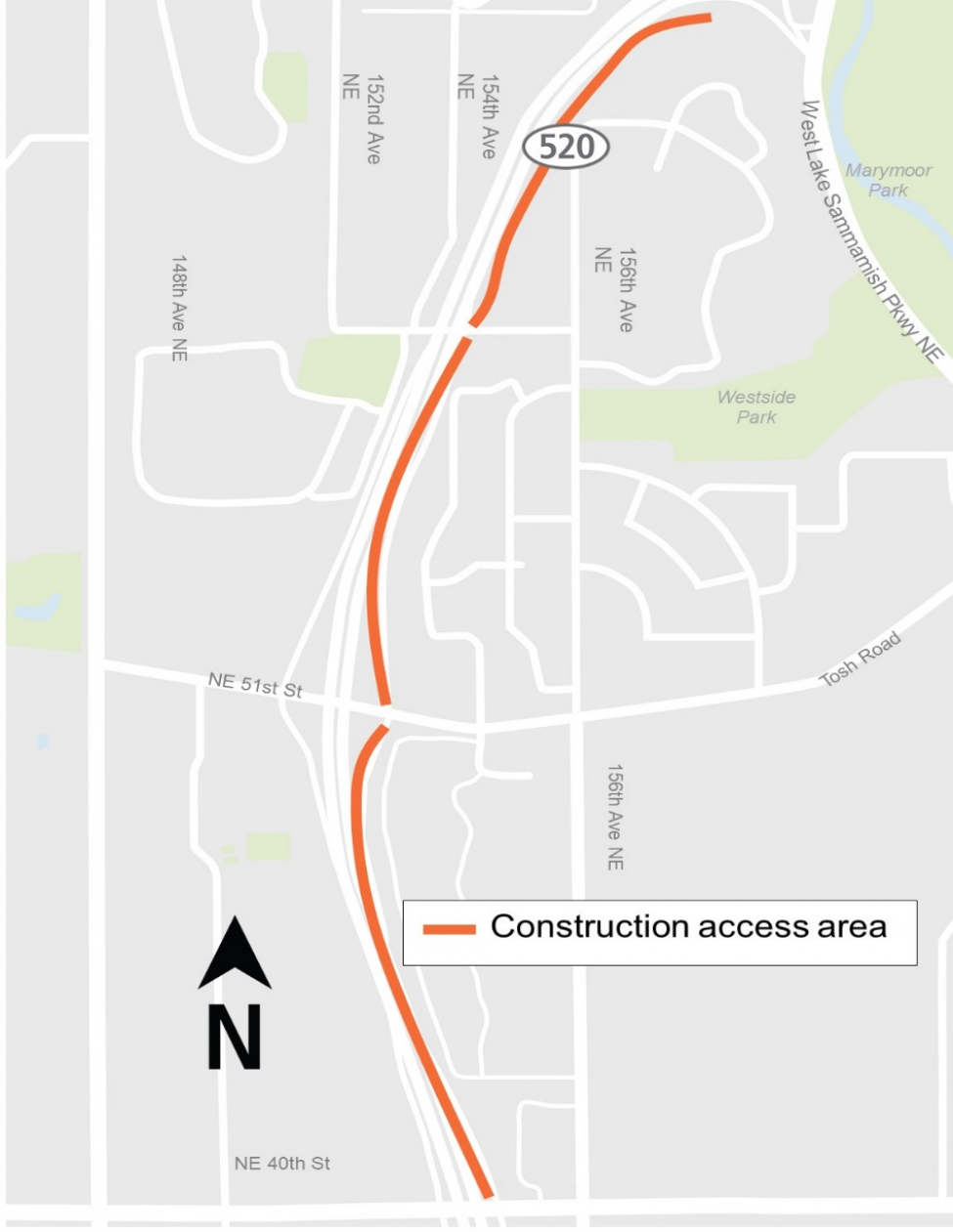 Map of area off of State Route 520 where construction crews will setup.